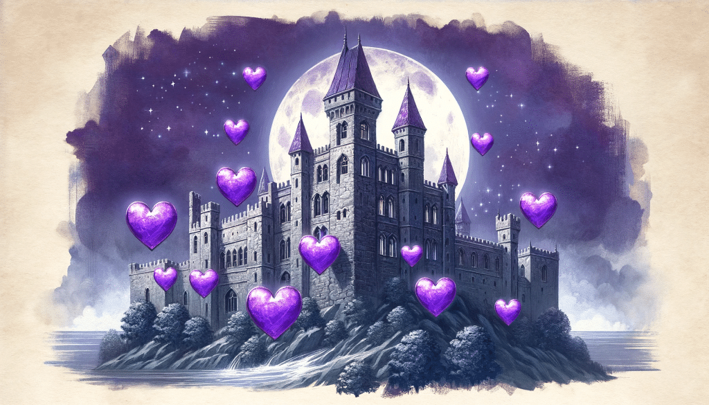 purple heart emojis floating around a castle