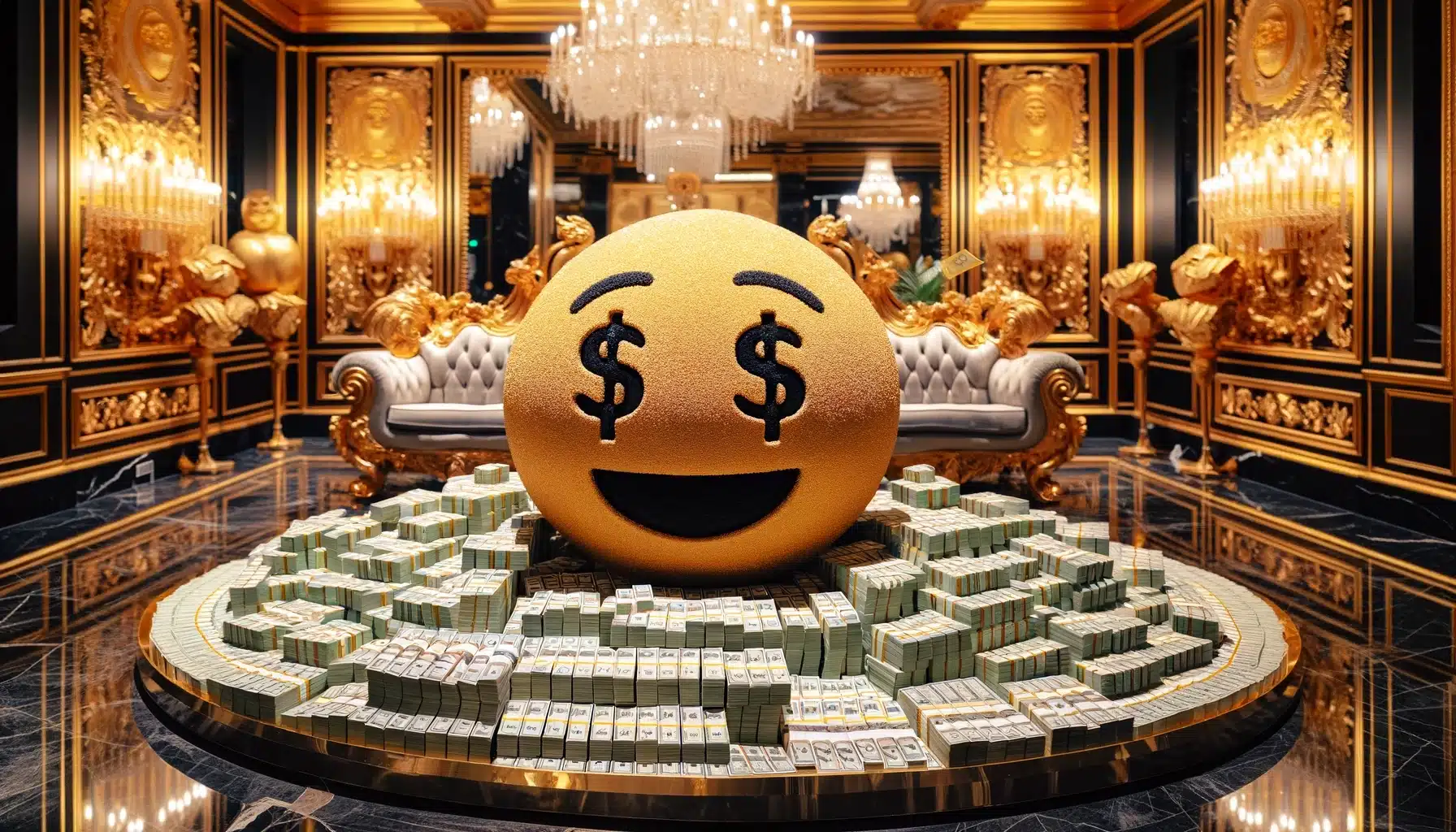 money emoji or money face emoji sitting on a pile of money
