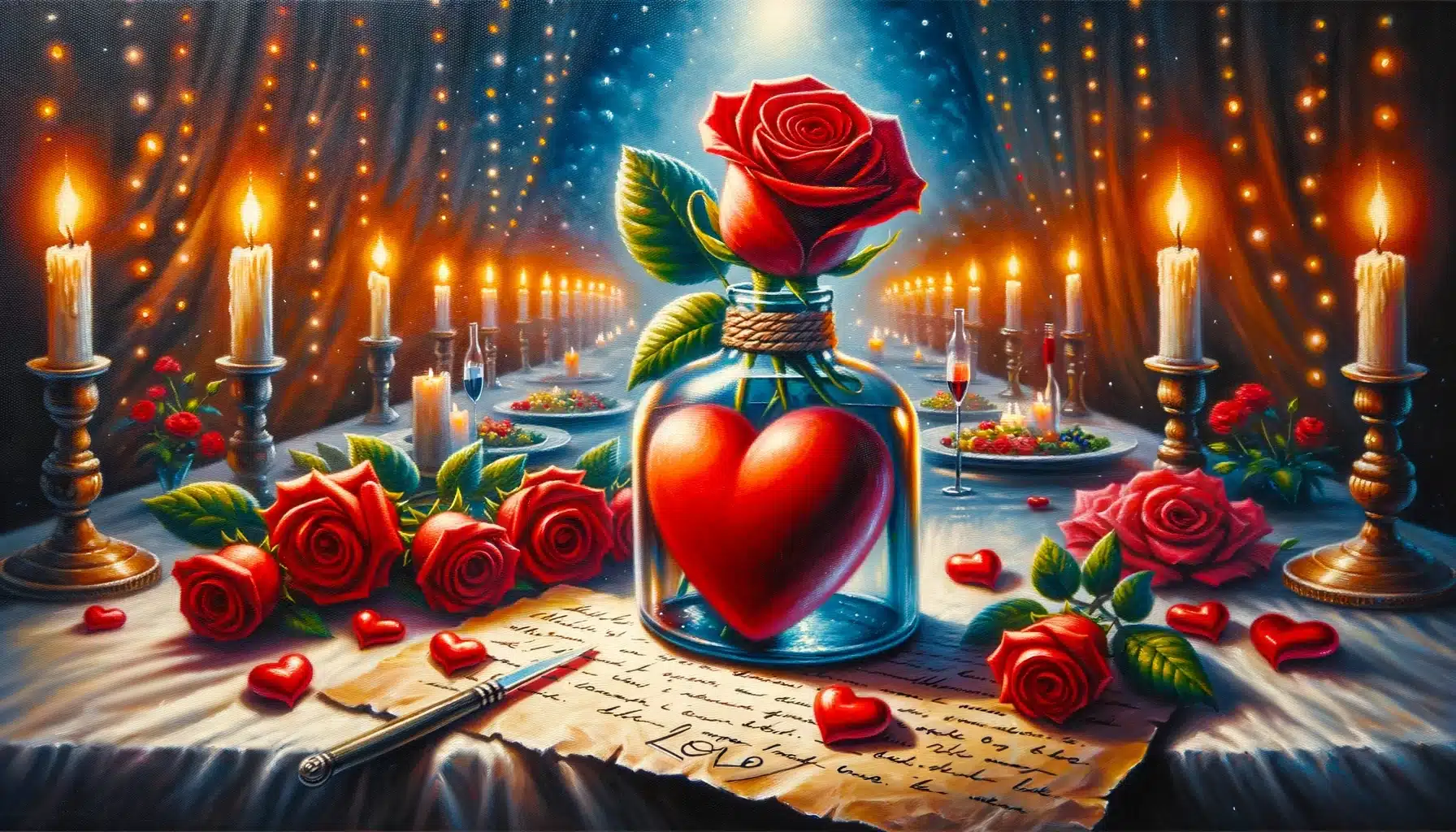 a red heart emoji inside a wine bottle on a romantic table