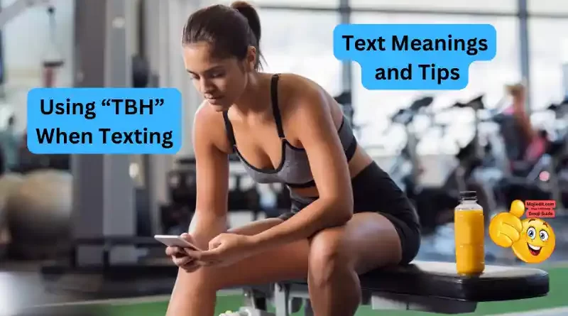 woman texting in gym and typing TBH
