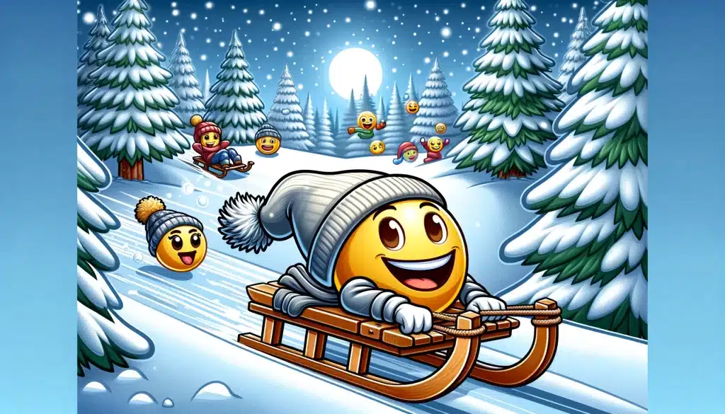 Slaying the snowy hill on a sled. Emoji is riding down the hill joyfully. 