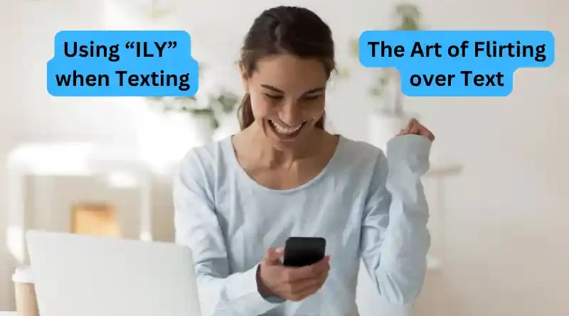 ILY in texting. Woman excited reading her cell phone when ILY comes up.