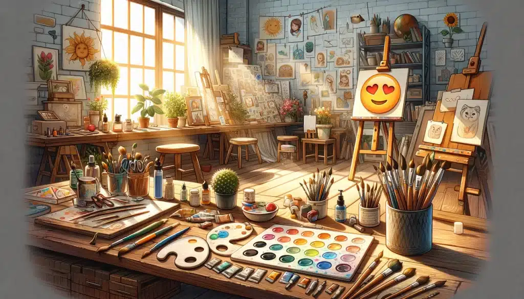 an artists studio with emojis