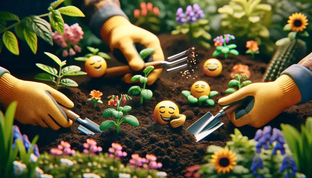 emojis helping to garden