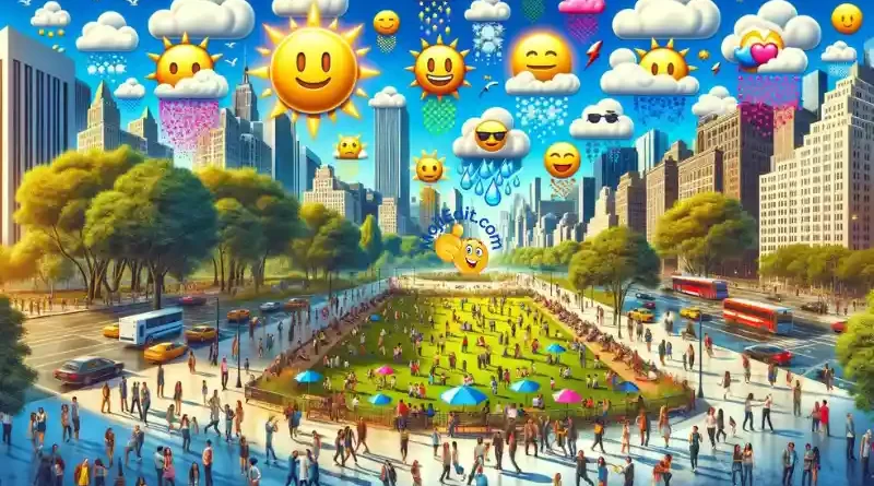 outdoor scene depicting many different weather emojis, from sun to snow