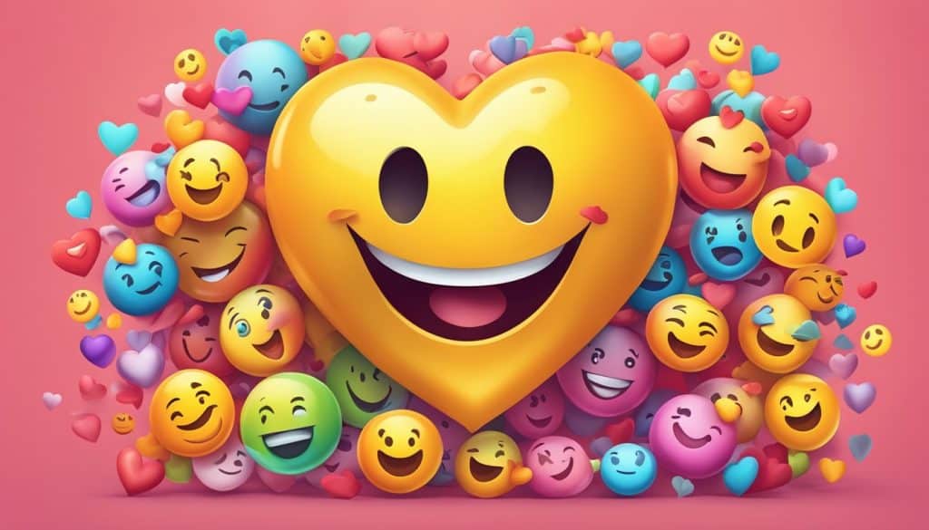 a very happy face heart emoji surrounded by smiley face emojis and different color hearts