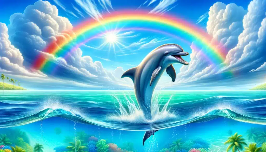future of the dolphin emoji. dolphin swimming under rainbow