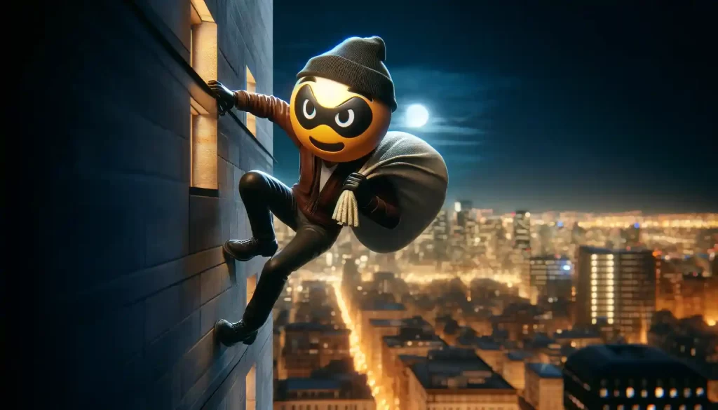 robber emoji climbing down a wall of a building