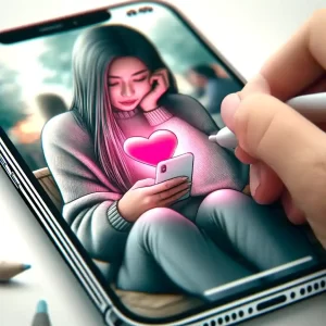 young woman receiving a pink heart emoji on iphone